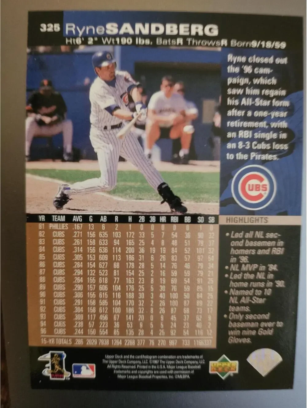 1997 Upper Deck #325 Ryne Sandberg